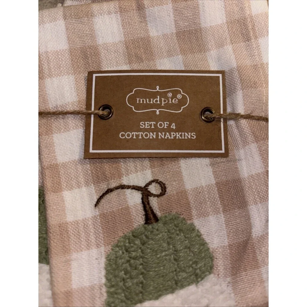 NWT Mudpie Pumpkin Fall Embroidered Gingham Set Of Four Napkins
